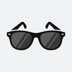 Black framed sunglasses with gray lenses on a light gray background.