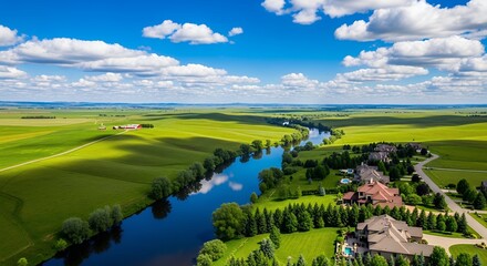 Obraz premium Scenic Aerial View of Lush Green Fields River Landscape with Farmhouse and Blue Sky Clouds Rural Countryside Photography