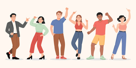 Fototapeta premium Set of Diverse Cartoon Characters Pointing, Standing Isolated on White Background, Vector Illustration Featuring Multiracial People in Various Outfits and Expressive Gestures