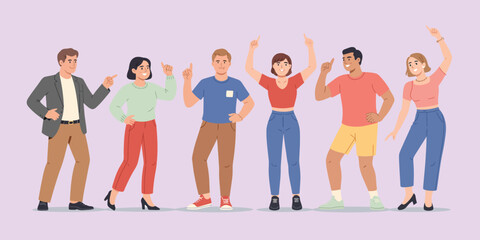 Obraz premium Set of Diverse Cartoon Characters Pointing, Standing Isolated on White Background, Vector Illustration Featuring Multiracial People in Various Outfits and Expressive Gestures