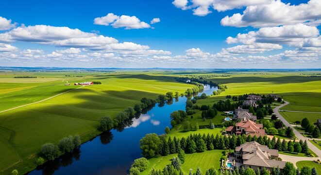 Scenic Aerial View of Lush Green Fields River Landscape with Farmhouse and Blue Sky Clouds  Rural Countryside Photography
