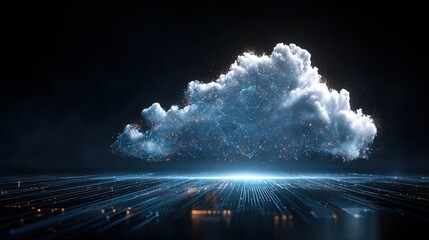 A luminous, abstract cloud hovers above a dark, reflective digital landscape with glowing data streams, symbolizing cloud computing and network technology.