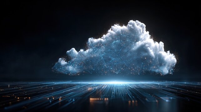 A luminous, abstract cloud hovers above a dark, reflective digital landscape with glowing data streams, symbolizing cloud computing and network technology.