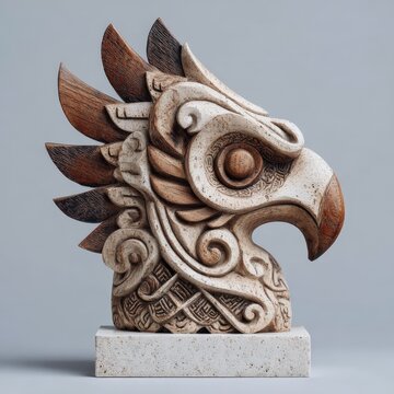 Life-size Ifugao hornbill head ornament on stone base, symbolizing heritage