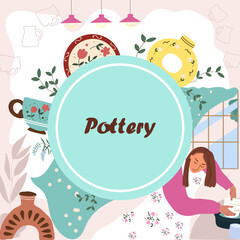 Background with meme for text, ceramics, pottery, hand drawn vector illustration.