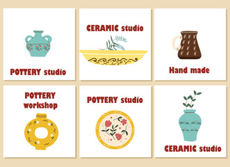 Postcards, cards set, Pottery workshop concept, invitation, pottery party. Hand drawn flat vector illustration.