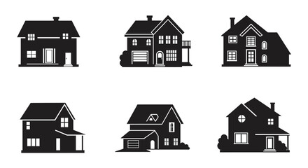 Collection of Various House Designs in Black and White Silhouette Style silhouette