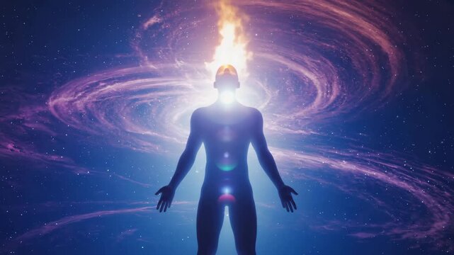 Mystical figure radiating light against a cosmic nebula background, embodying spiritual awakening and inner peace, perfect for meditation guides and wellness programs, seeking enlightenment