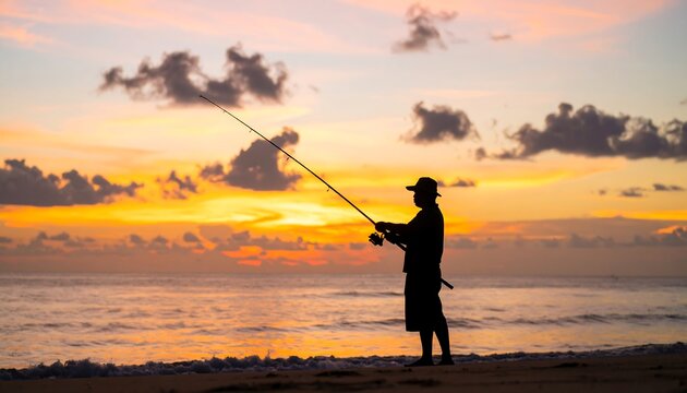 Silhouette fisherman sunrise beach fishing