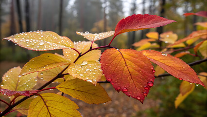 Close-Up of Autumn Leaves with Water Droplets in Foggy Forest