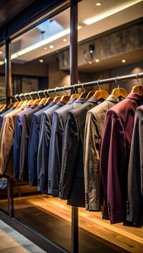 Suits hanging on wooden hangers in a clothing store.