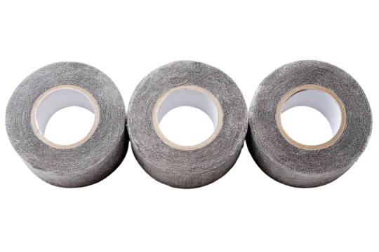 Three rolls of grey tape, top-down view