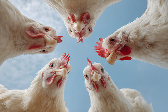 An intriguing low-angle shot of five curious chickens looking down, revealing their features against a bright sky