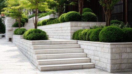 a stone wall with steps and trees in the background