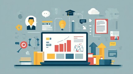 Modern business technology solutions and data analysis displayed on a laptop.