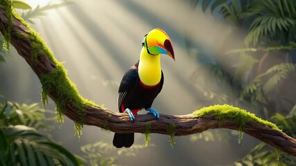 Colorful toucan perched in lush jungle sunlight
