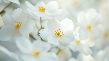 Obraz premium Delicate white flowers with soft yellow accents create serene and calming atmosphere, perfect for nature lovers and floral enthusiasts. gentle beauty of these blooms captivates senses