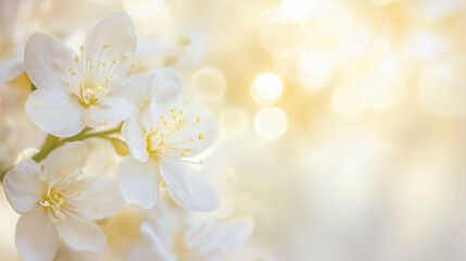 Fototapeta premium Delicate white flowers with soft yellow highlights create serene and calming atmosphere, perfect for evoking feelings of peace and tranquility. soft bokeh background enhances their beauty