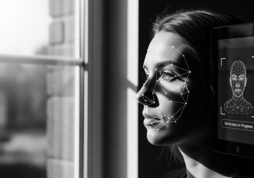 A woman's face is scanned for facial recognition technology in black and white photography. The futuristic concept is illustrated by lines and dots overlaid on the face