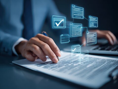 Approval workflow and business process management BPM. Document approval process and completion. Businessman using laptop computer to approve legal documents.