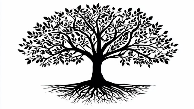 Silhouetted, ornate tree with extensive roots