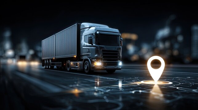 A modern delivery truck on a city street with GPS navigation.