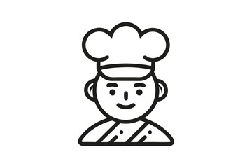 Illustrated chef with dark hair and chef hat poses for a simple portrait