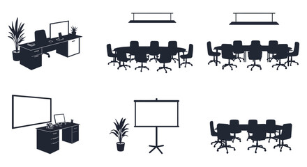 Office Furniture and Meeting Room Equipment Vector Illustration Set silhouette