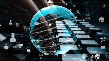 A striking digital illustration featuring a globe overlay with various icons, symbolizing global connectivity and advanced technology against a keyboard backdrop. Xenic