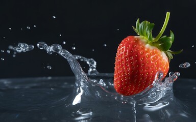 Strawberry splash in water with dark background
