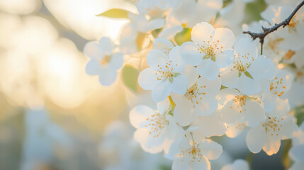 Delicate white blooms with soft yellow highlights create serene atmosphere, capturing beauty of nature in full bloom. gentle sunlight enhances floral elegance, evoking sense of tranquility