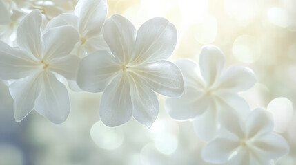 Fototapeta premium Delicate white flowers with gentle petals radiating soft glow, creating serene and tranquil atmosphere. blurred background enhances their beauty and elegance