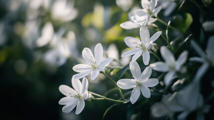 Obraz premium Delicate white flowers with gentle petals radiate serene beauty, creating tranquil atmosphere in nature embrace. Their soft appearance invites sense of calm and peace