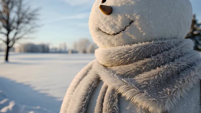 Snowman with cozy scarf and abominable frost stands in snowy field under clear sky with soft sunlight creating peaceful cold winter scene