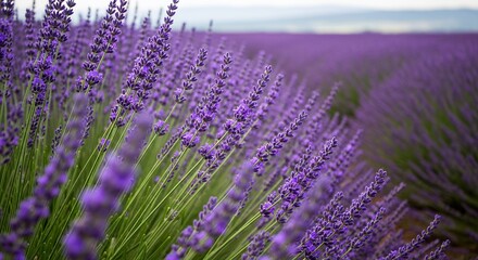Naklejka premium Stunning Field of Lavender Flowers Blooming Under a Cloudy Sky Purple Hues and Serene Landscape Photography