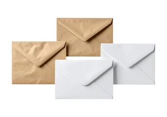 A collection of four envelopes including two brown kraft paper and two white envelopes isolated on transparent background