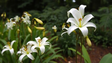Obraz premium A view of several white lilies with green leaves and buds in a garden setting on a cloudy day outdoors
