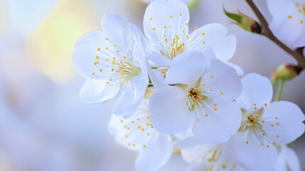 Delicate white blossoms create intimate view of nature beauty, showcasing their intricate details and soft colors that evoke sense of tranquility and peace
