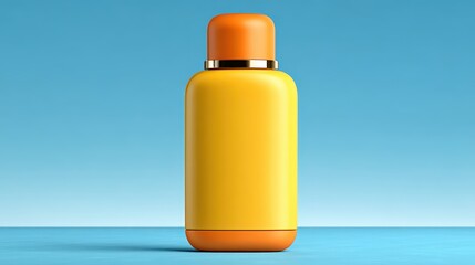 Stylish sunscreen bottle with yellow cap and pastel-orange label on a blue backdrop