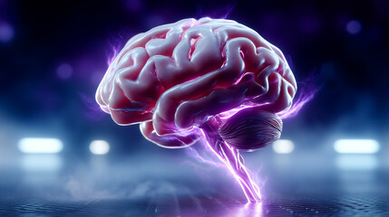 Fototapeta premium Dynamic brain illustration with energetic movement, surrounded by vibrant purple light. Futuristic environment suggests innovation and technology. Concept of technology, AI, neuroscience