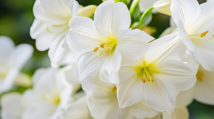 Fototapeta premium Intimate view of white flowers with vibrant yellow centers, showcasing delicate petals and intricate details, evoking sense of tranquility and beauty in nature