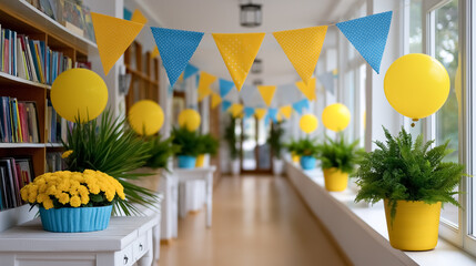 Yellow and blue decorations adorn school hallway for AI book fair on first day of event. Plants, balloons, and bunting create vibrant atmosphere