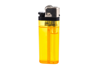 A bright yellow disposable lighter with a silver metal top isolated on transparent background
