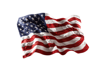 American flag waving proudly stars stripes patriotism USA national symbol, isolated on transparent background, perfect cutout, PNG