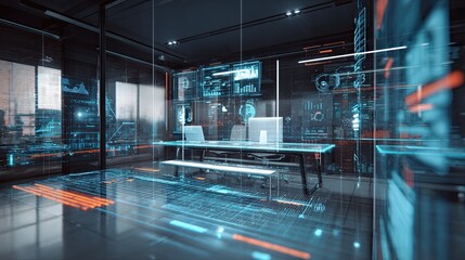 Sleek modern boardroom showcases advanced holographic data displays and futuristic technology for dynamic business presentations and innovation.