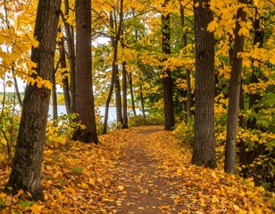 Autumn path through a golden forest by a lake