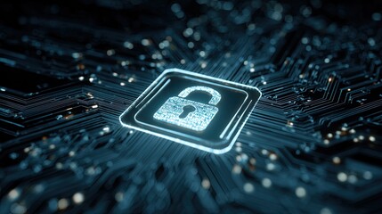 Secure your digital future with this glowing padlock icon embedded in a futuristic circuit board, symbolizing advanced cybersecurity and data protection.