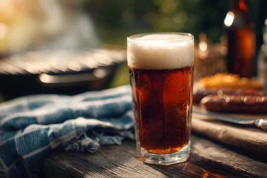 Refreshing Beer and BBQ: A Summer Celebration with Grilled Sausages and Cold Brew on Rustic Wood Table