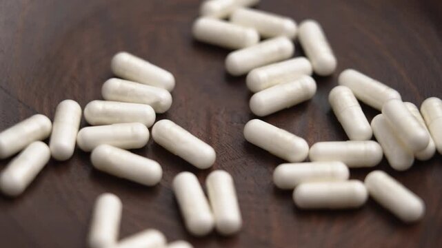 Falling white vitamin b1 medicinal capsules into wooden bowl in slow motion