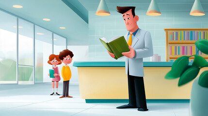 Teacher reads book in vibrant school library while students watch with interest. Bright modern space with shelves filled with books creates an inviting atmosphere